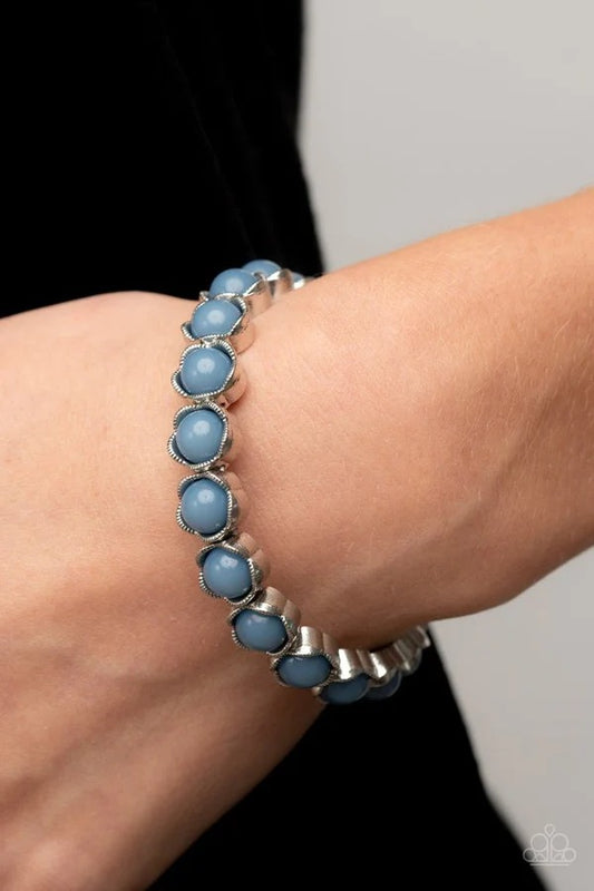 Lets be Buds - Blue Dewey Bead Silver Stretchy Bracelet