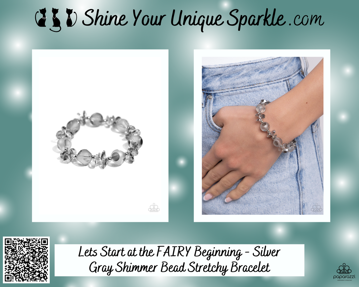 Lets Start at the FAIRY Beginning - Silver Gray Shimmer Bead Stretchy Bracelet