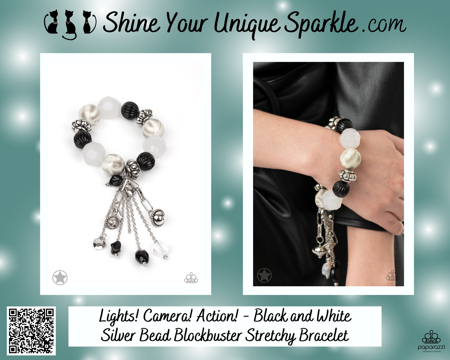 Lights! Camera! Action! - Black and White Silver Bead Blockbuster Stretchy Bracelet