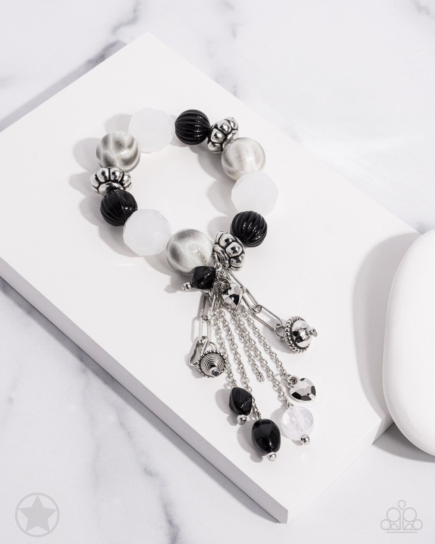 Lights! Camera! Action! - Black and White Silver Bead Blockbuster Stretchy Bracelet