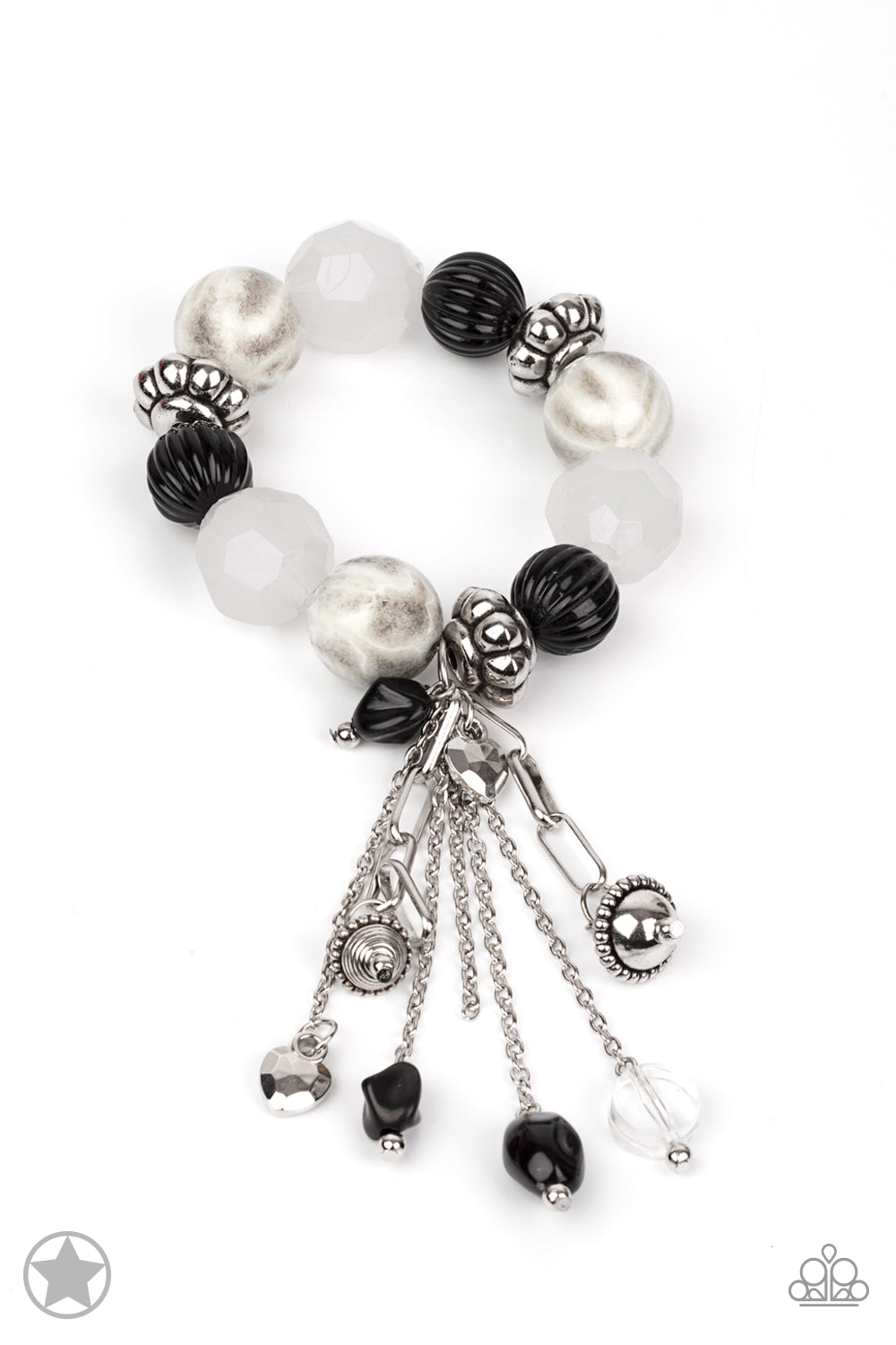 PERFECT MATCH / SET: Break A Leg! - Black and White Silver Bead Blockbuster Y Necklace and Lights! Camera! Action! - Black and White Silver Bead Blockbuster Stretchy Bracelet