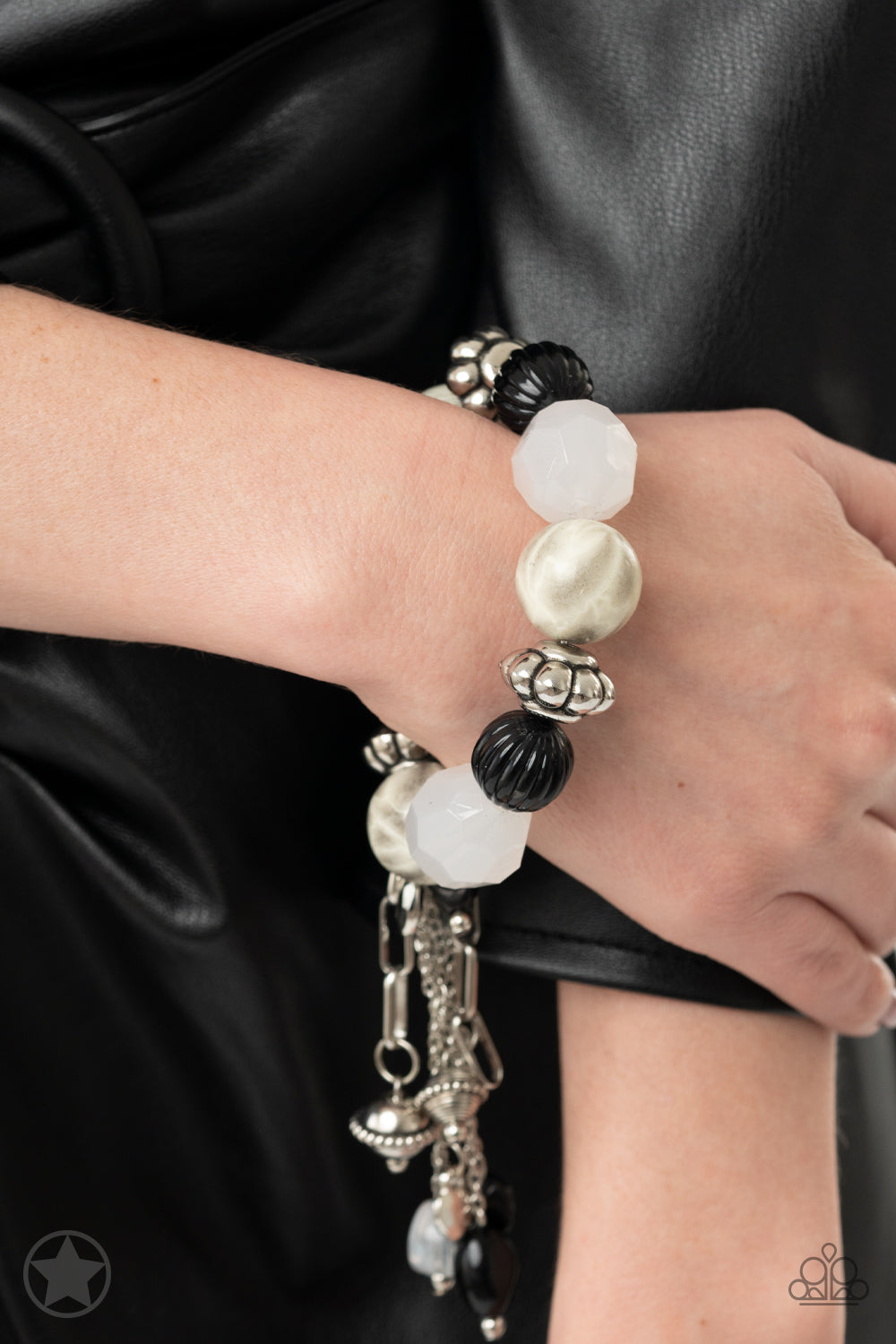 PERFECT MATCH / SET: Break A Leg! - Black and White Silver Bead Blockbuster Y Necklace and Lights! Camera! Action! - Black and White Silver Bead Blockbuster Stretchy Bracelet