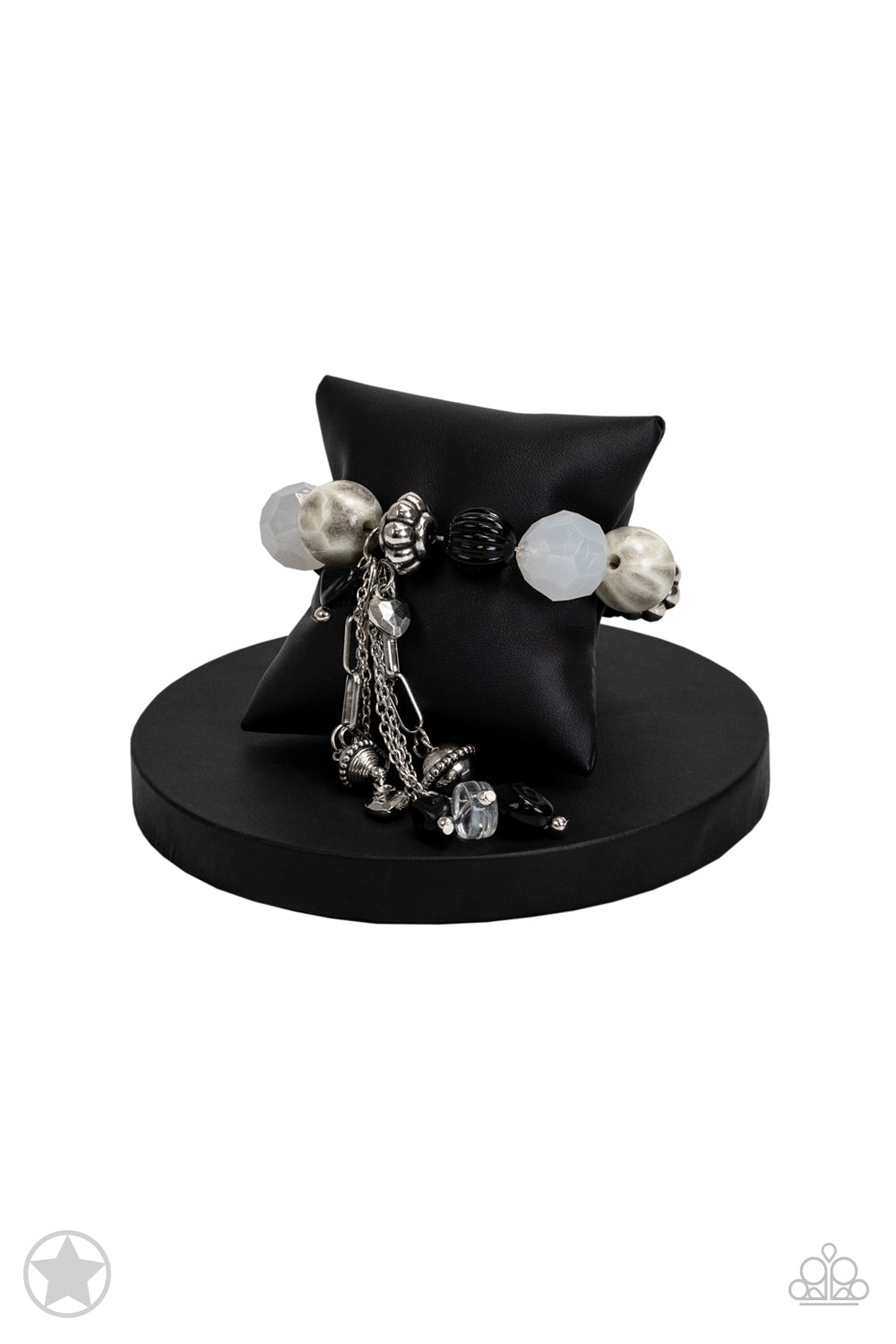PERFECT MATCH / SET: Break A Leg! - Black and White Silver Bead Blockbuster Y Necklace and Lights! Camera! Action! - Black and White Silver Bead Blockbuster Stretchy Bracelet