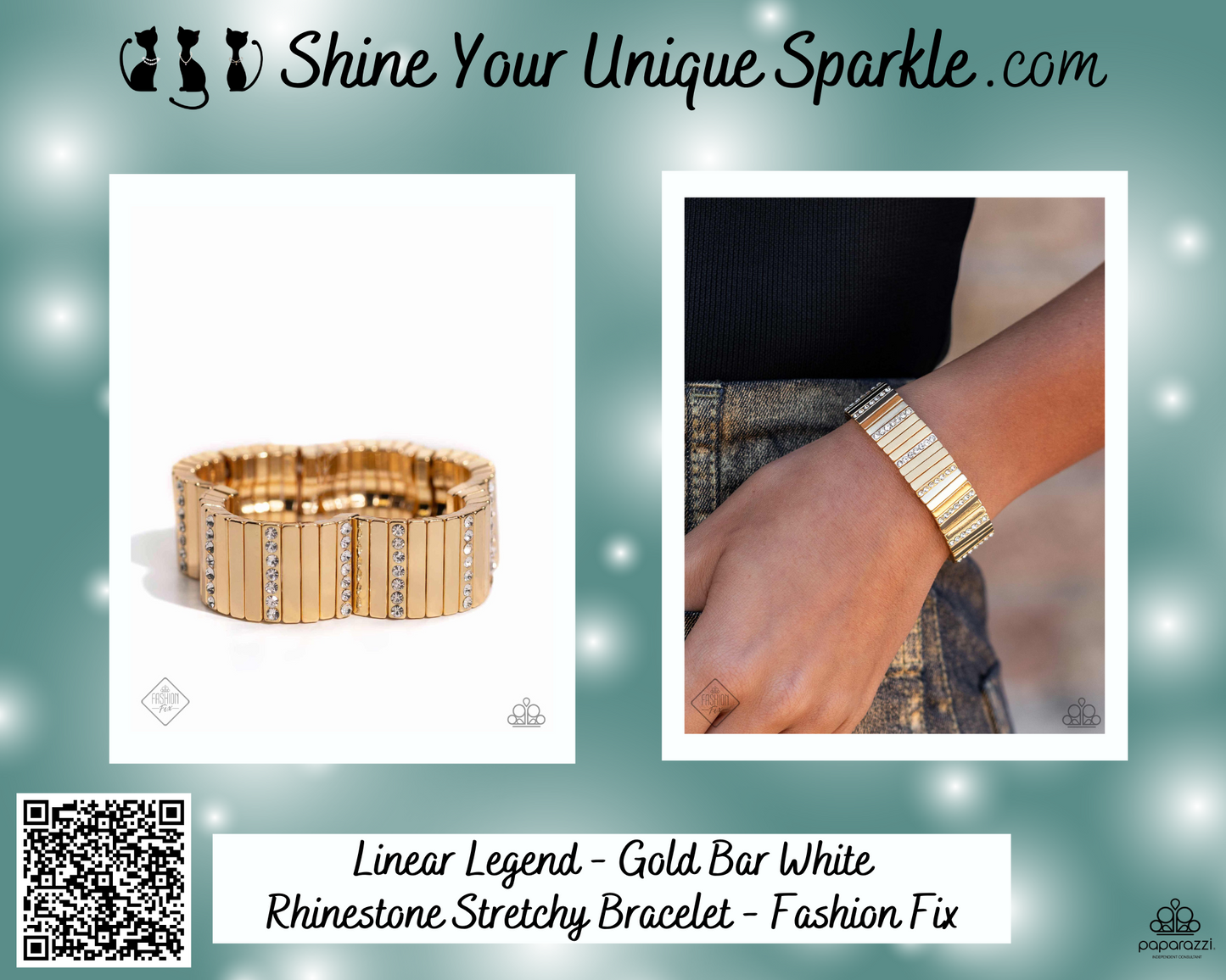 Linear Legend - Gold Bar White Rhinestone Stretchy Bracelet - Fashion Fix