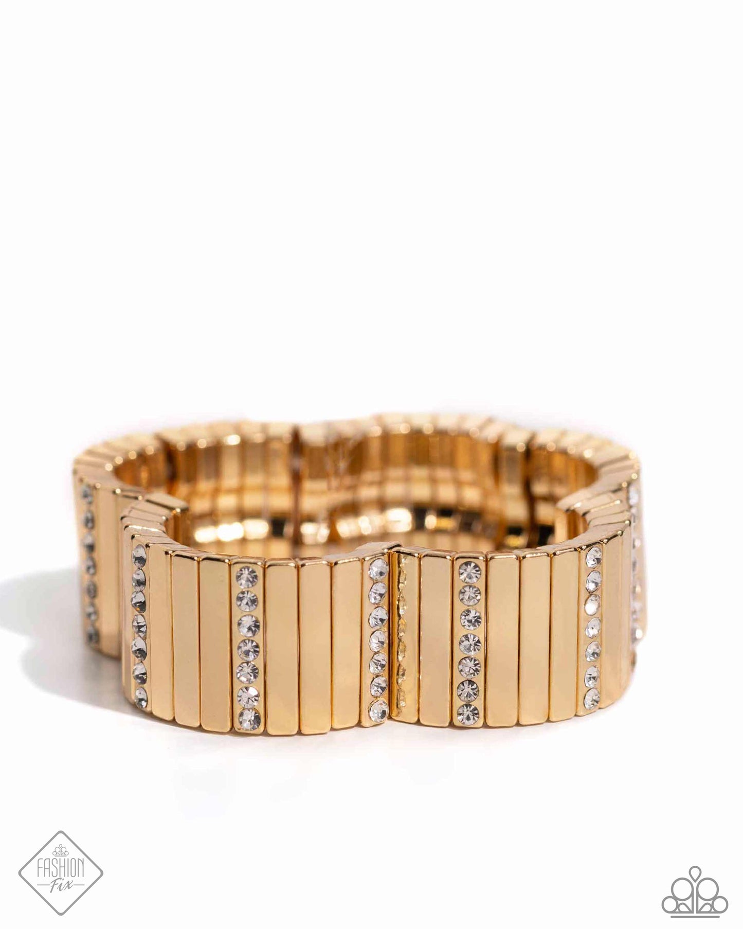 Linear Legend - Gold Bar White Rhinestone Stretchy Bracelet - Fashion Fix