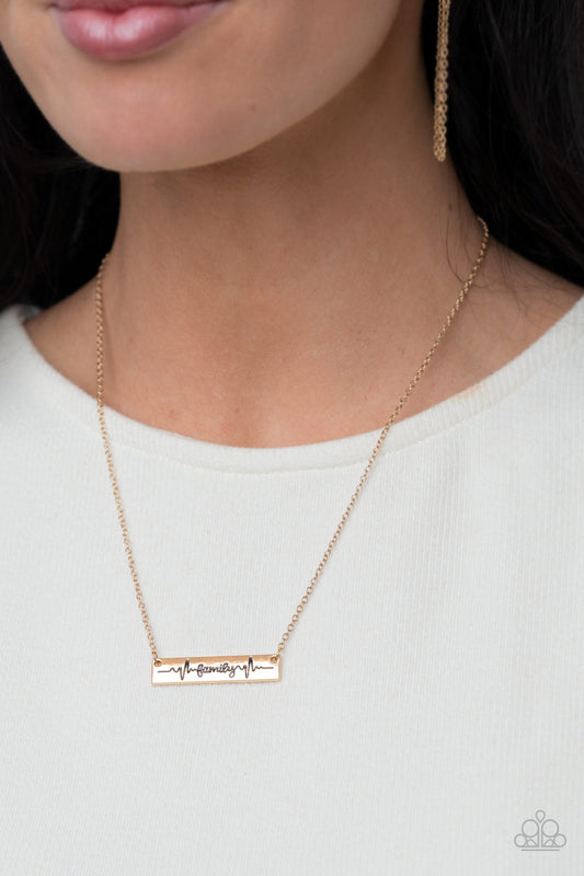 Living The Mom Life - Gold "Family" Stamped Heartbeat Short Necklace