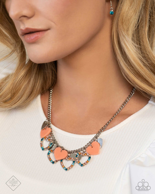 Look the HEART - Orange and Multi Color Rhinestone Heart Silver Short Necklace - Fashion Fix