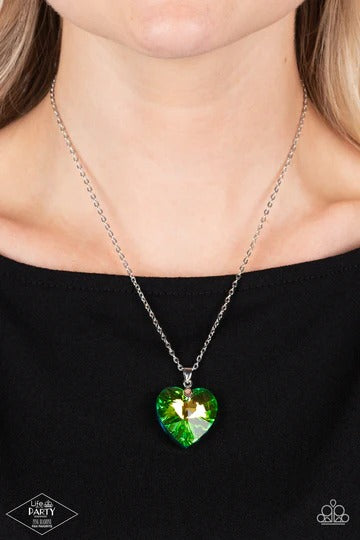 Love Hurts - Multi Peacock Green Gem Heart Silver Short Necklace - Life of the Party Pink Diamond Fan Favorite Exclusive