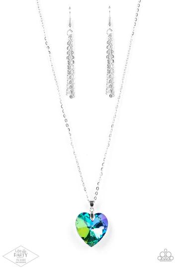 Love Hurts - Multi Peacock Green Gem Heart Silver Short Necklace - Life of the Party Pink Diamond Fan Favorite Exclusive