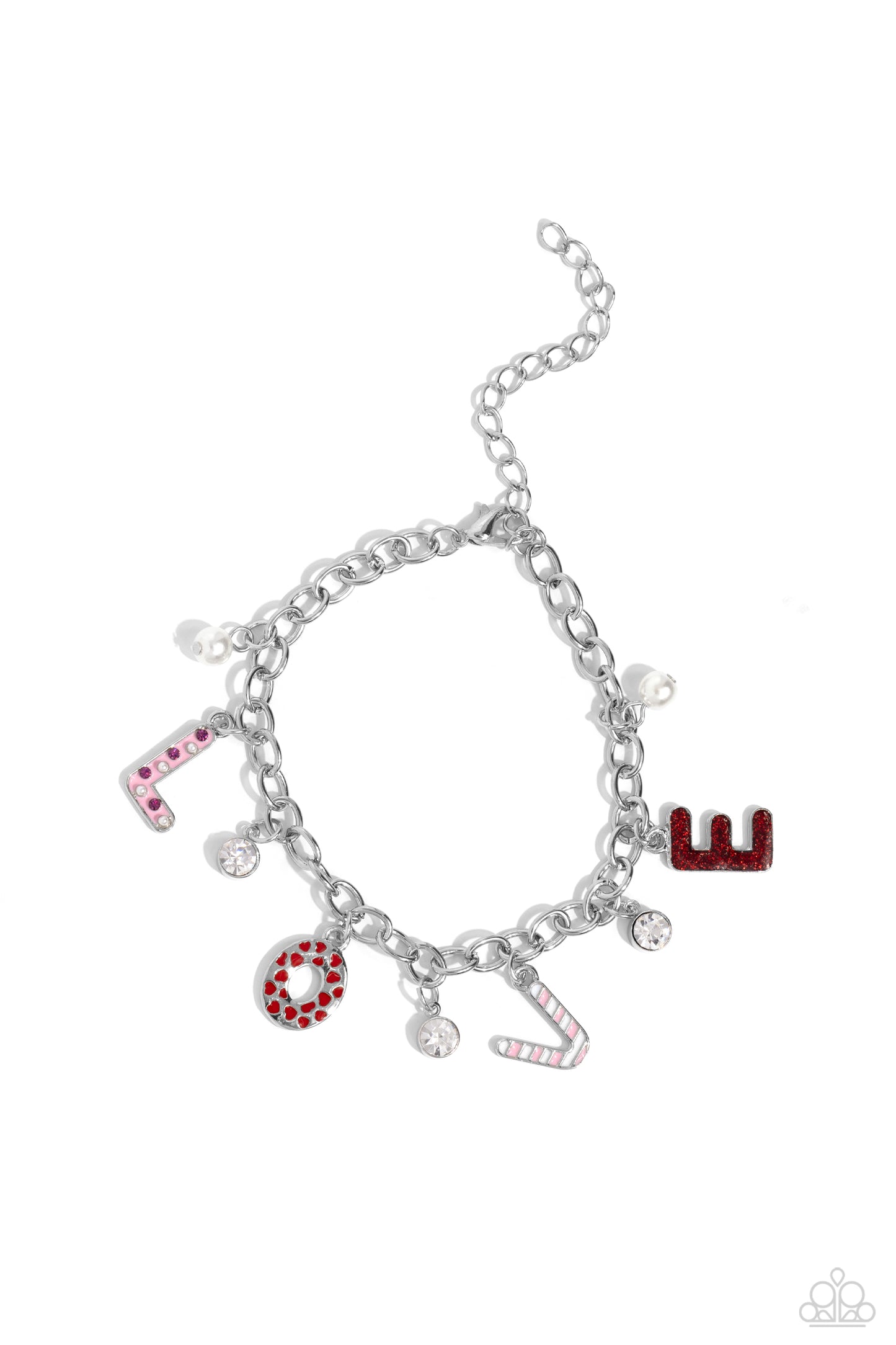 Lovestruck Leisure - Red Glitter White Pearl Pink LOVE Silver Bracelet