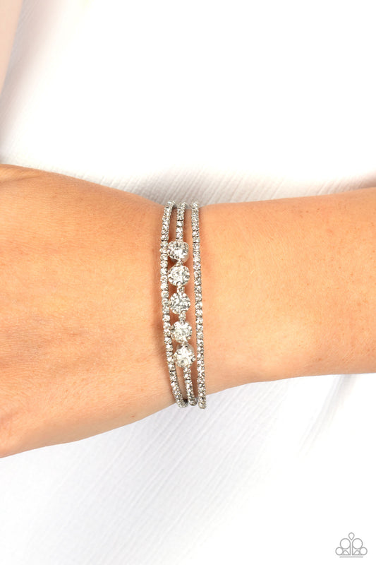 Lucid Layers - White Rhinestone Silver Flexi Cuff Bracelet