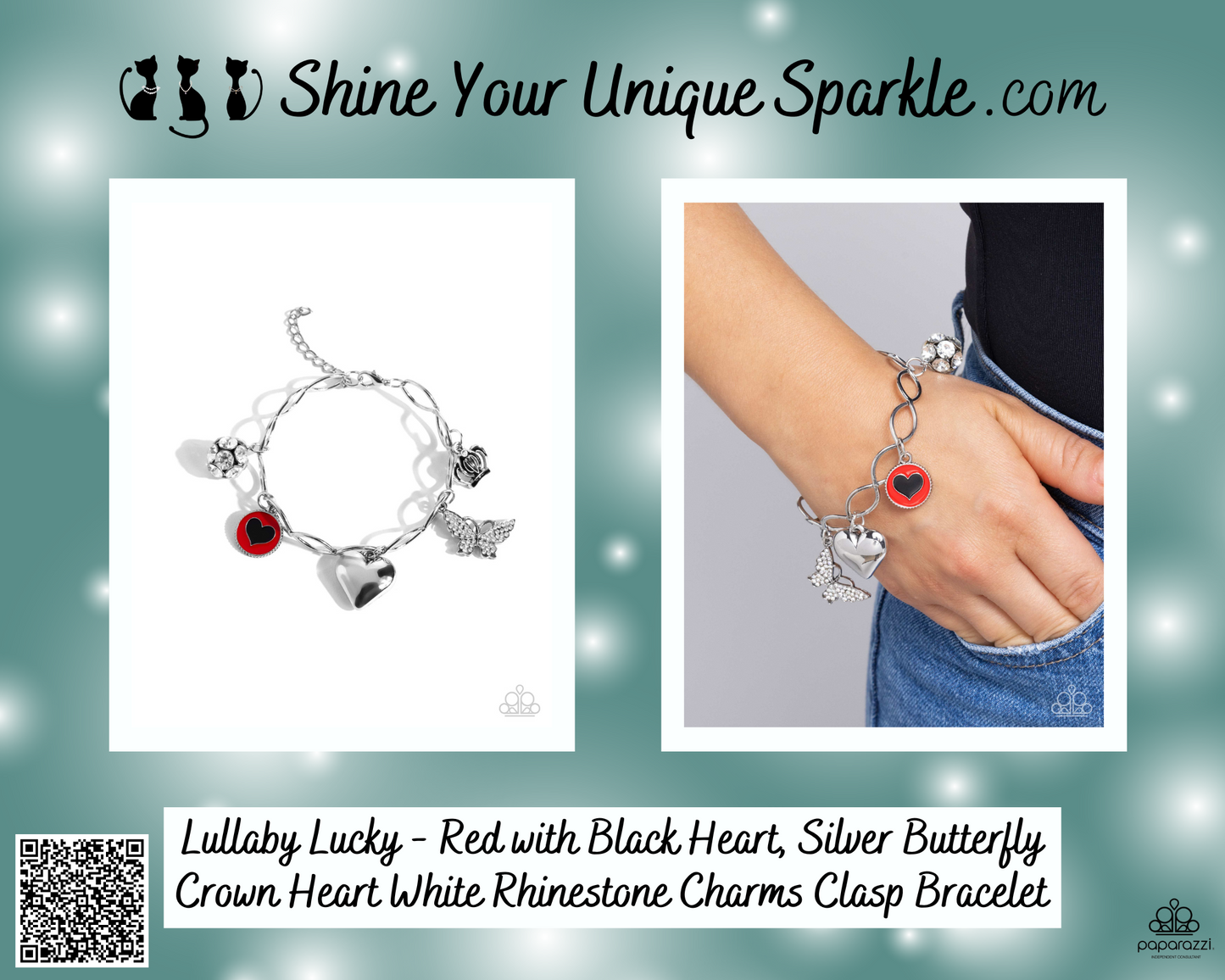 Lullaby Lucky - Red with Black Heart, Silver Butterfly Crown Heart White Rhinestone Charms Clasp Bracelet