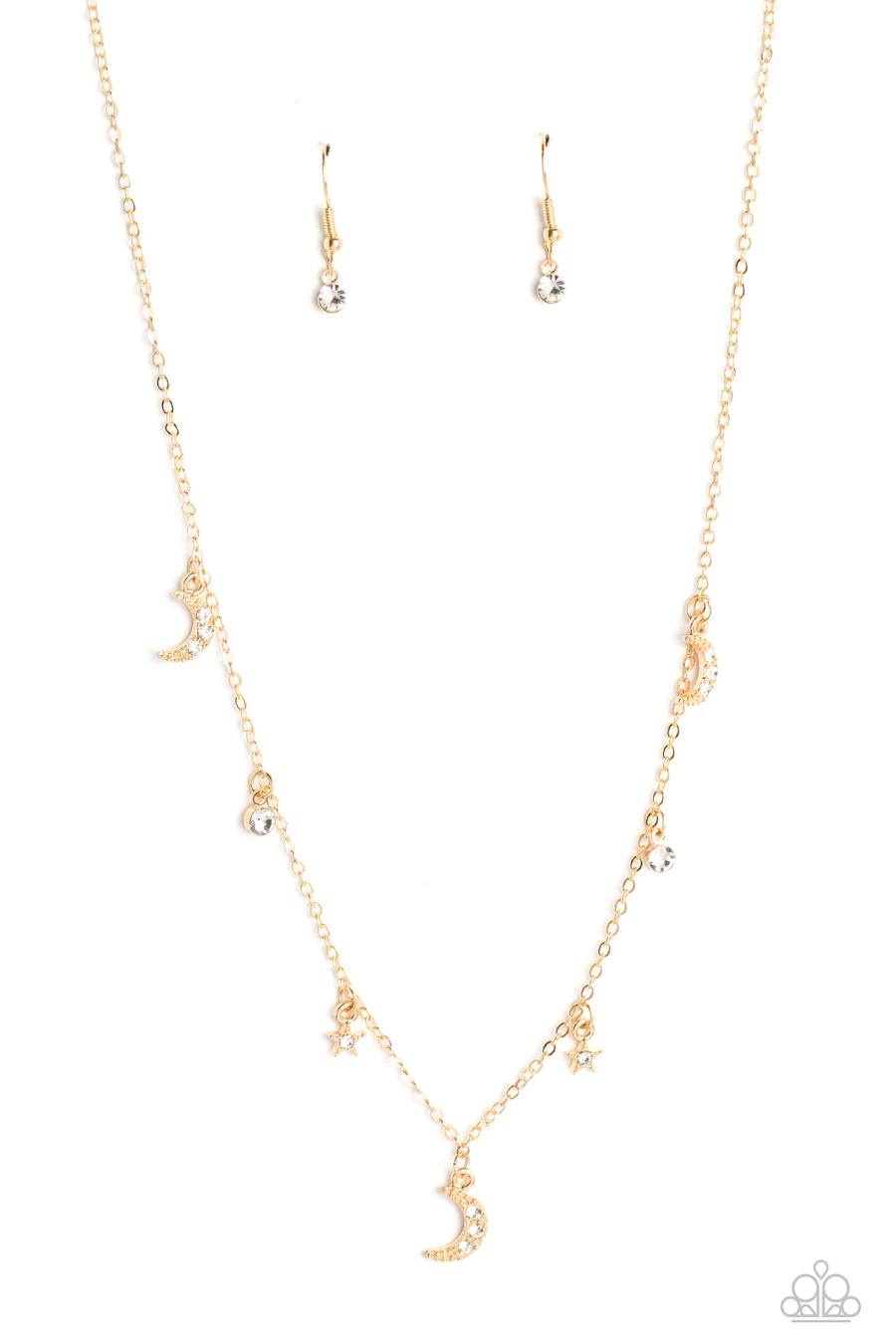 Lunar Lagoon - Gold Moon and Star Rhinestone Short Necklace