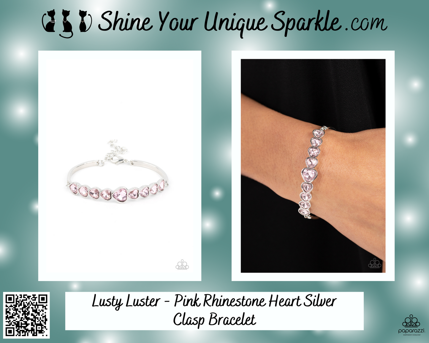 Lusty Luster - Pink Rhinestone Heart Silver Clasp Bracelet