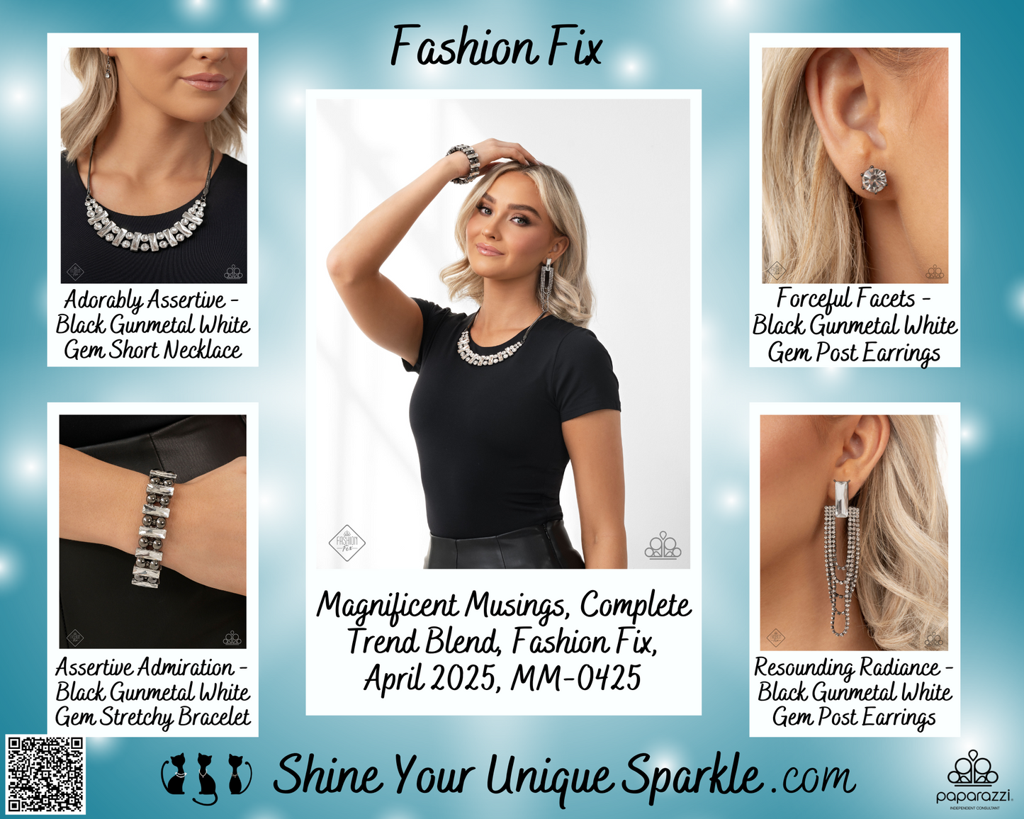 Assertive Admiration - Black Gunmetal White Gem Stretchy Bracelet - Fashion Fix
