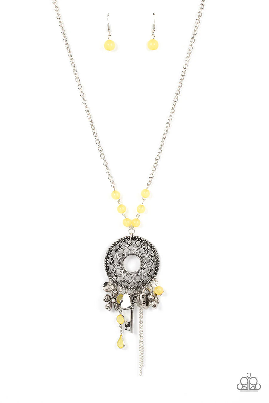 Making Memories - Yellow Bead Key Heart Flower Silver Long Necklace