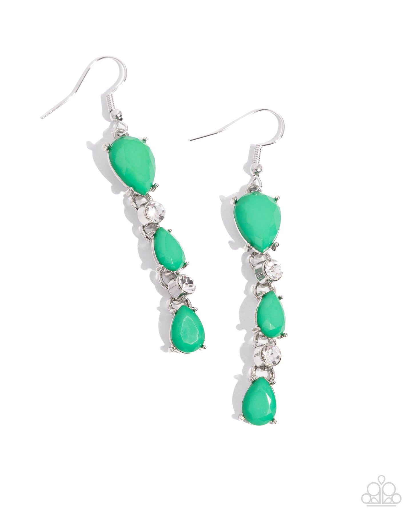 Malibu March - Green Bead White Gem Silver Fishhook Earrings