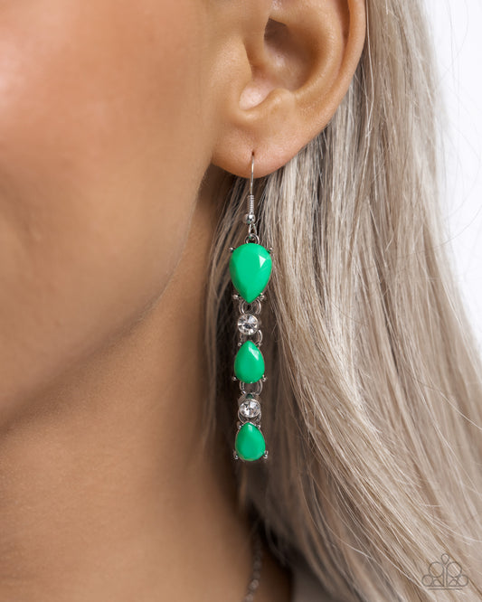 Malibu March - Green Bead White Gem Silver Fishhook Earrings