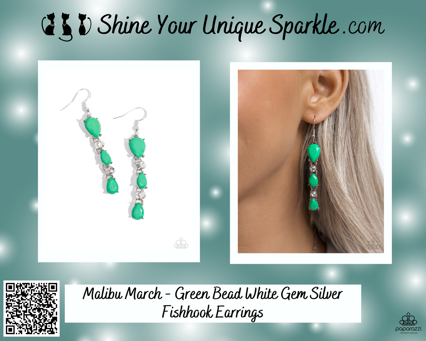 Malibu March - Green Bead White Gem Silver Fishhook Earrings