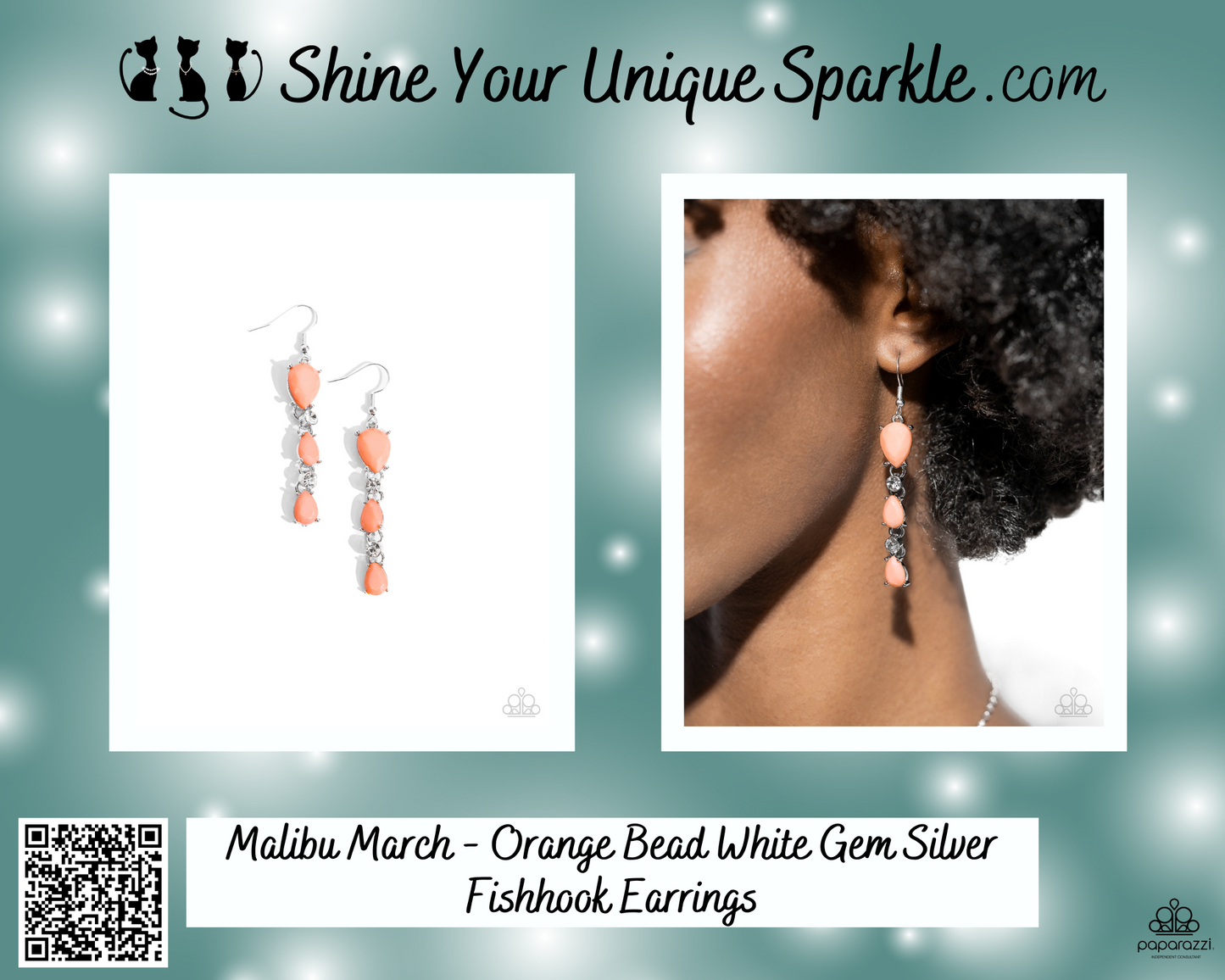 Malibu March - Orange Bead White Gem Silver Earrings