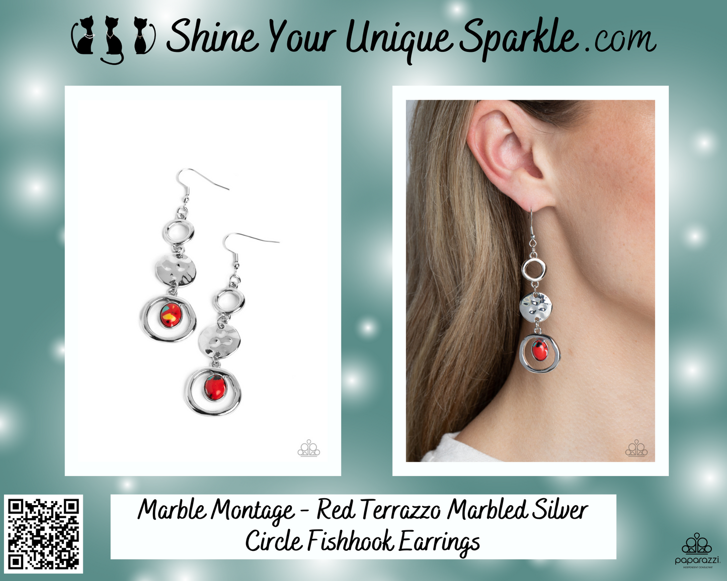 Marble Montage - Red Terrazzo Marbled Silver Circle Fishhook Earrings