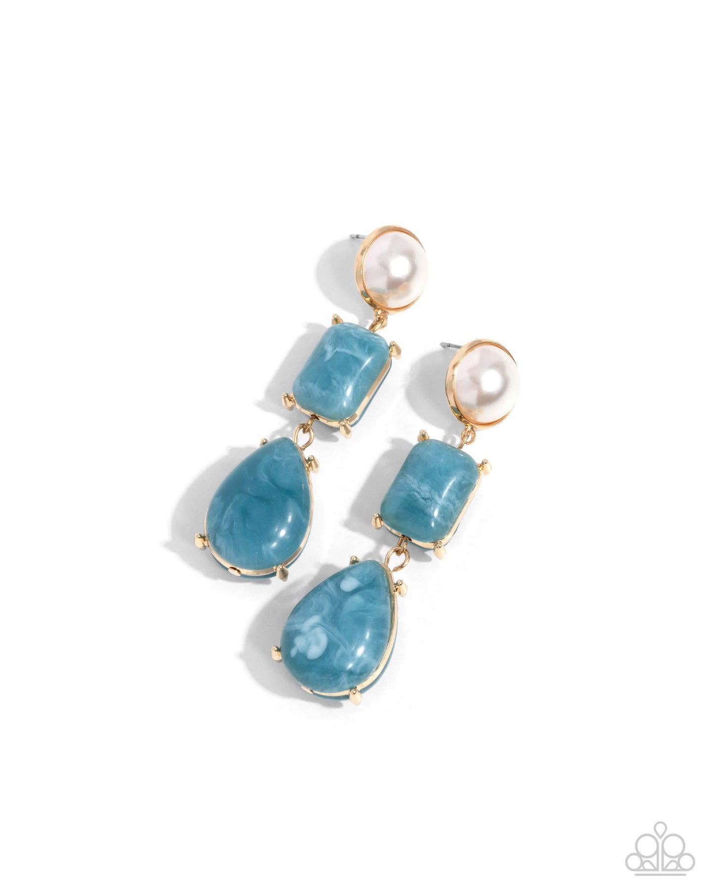 Marbled Masterpiece - Blue Stone White Pearl Gold Post Earrings