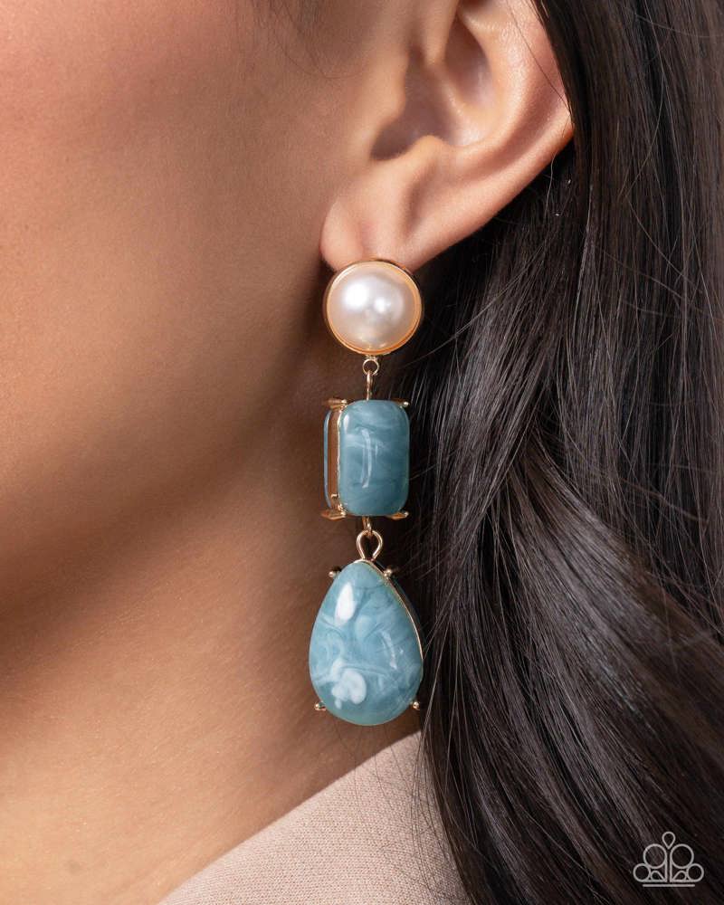 Marbled Masterpiece - Blue Stone White Pearl Gold Post Earrings