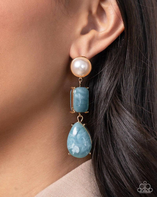 Marbled Masterpiece - Blue Stone White Pearl Gold Post Earrings