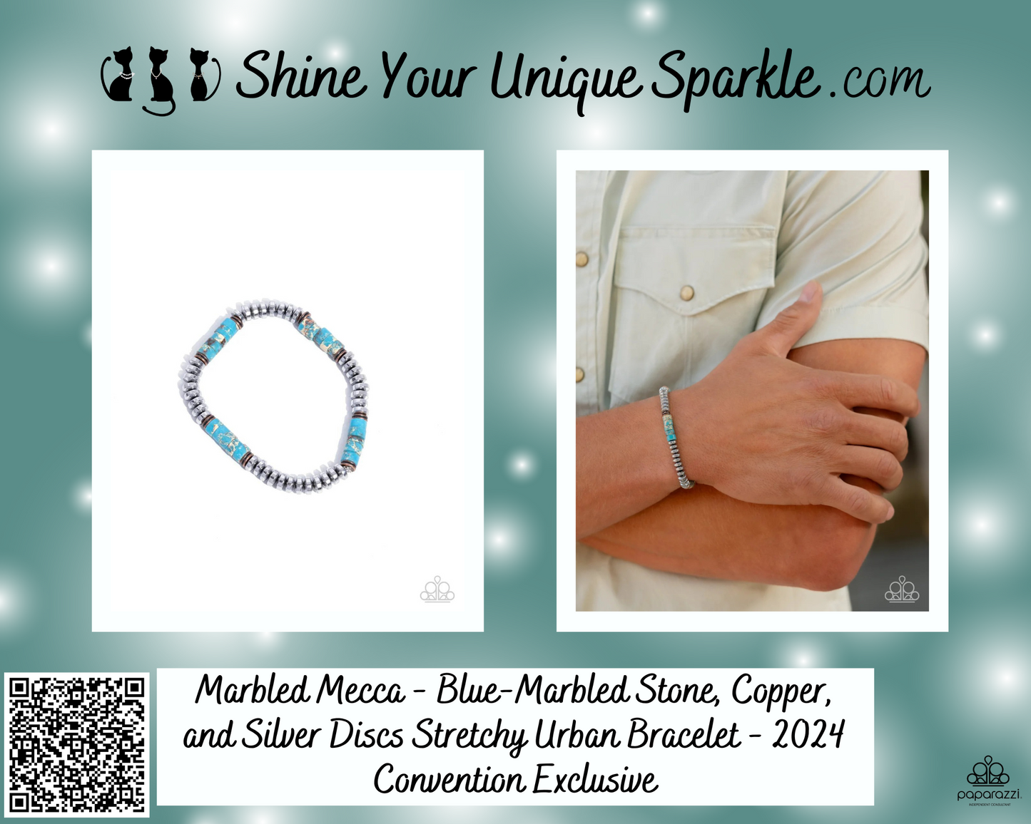 Marbled Mecca - Blue-Marbled Stone, Copper, and Silver Discs Stretchy Urban Bracelet - 2024 Convention Exclusive