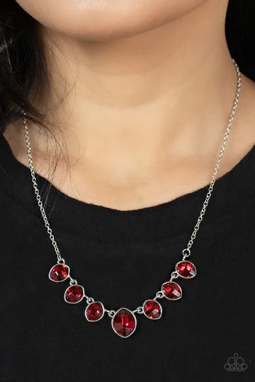 Material Girl Glamour - Red Gem Rhinestone Silver Short Necklace