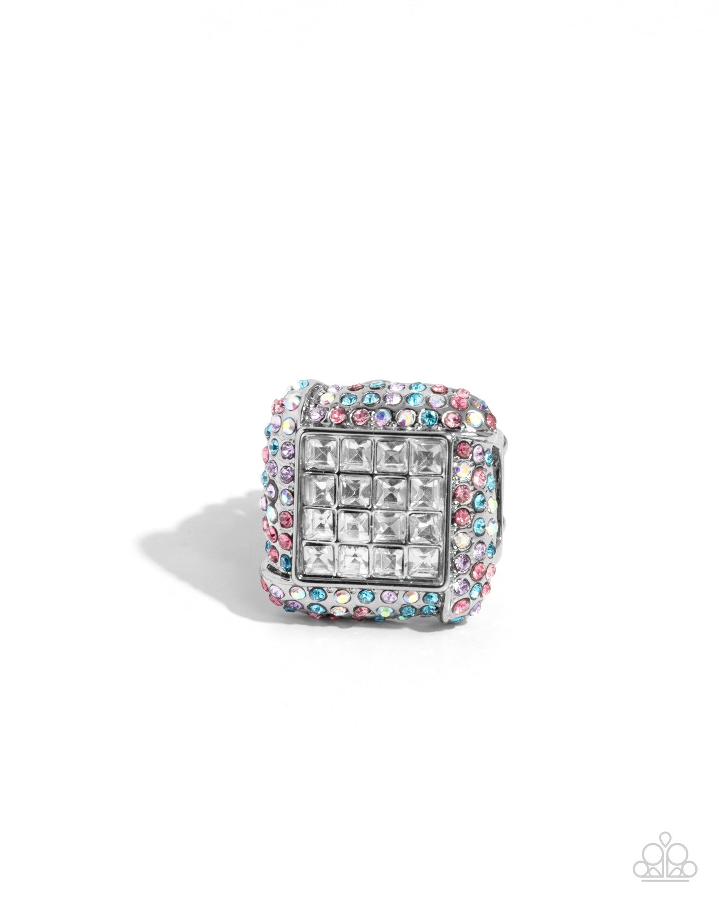 Medium SQUARE - Multi Color Rhinestone White Silver Ring