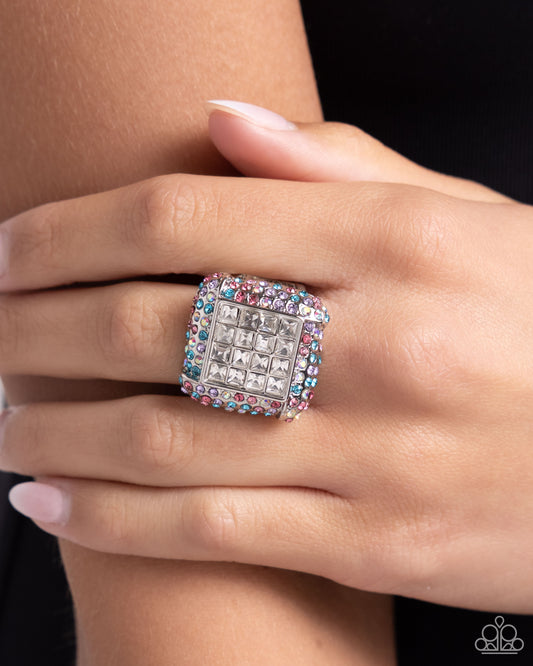 Medium SQUARE - Multi Color Rhinestone White Silver Ring