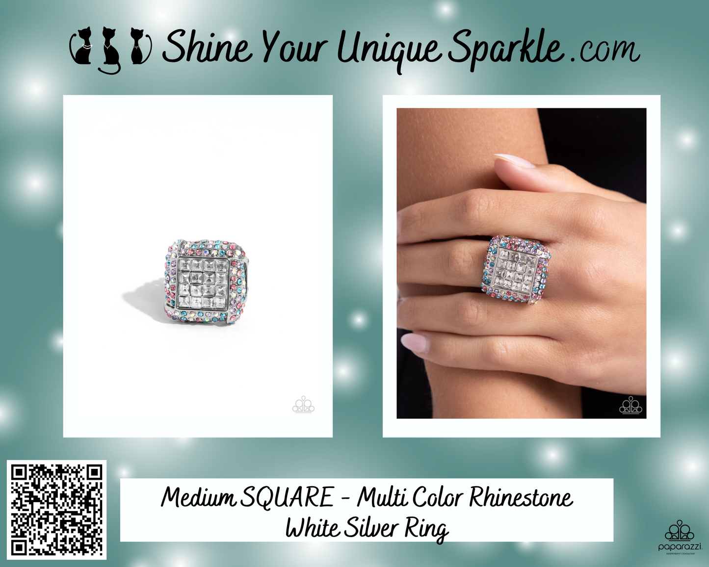 Medium SQUARE - Multi Color Rhinestone White Silver Ring