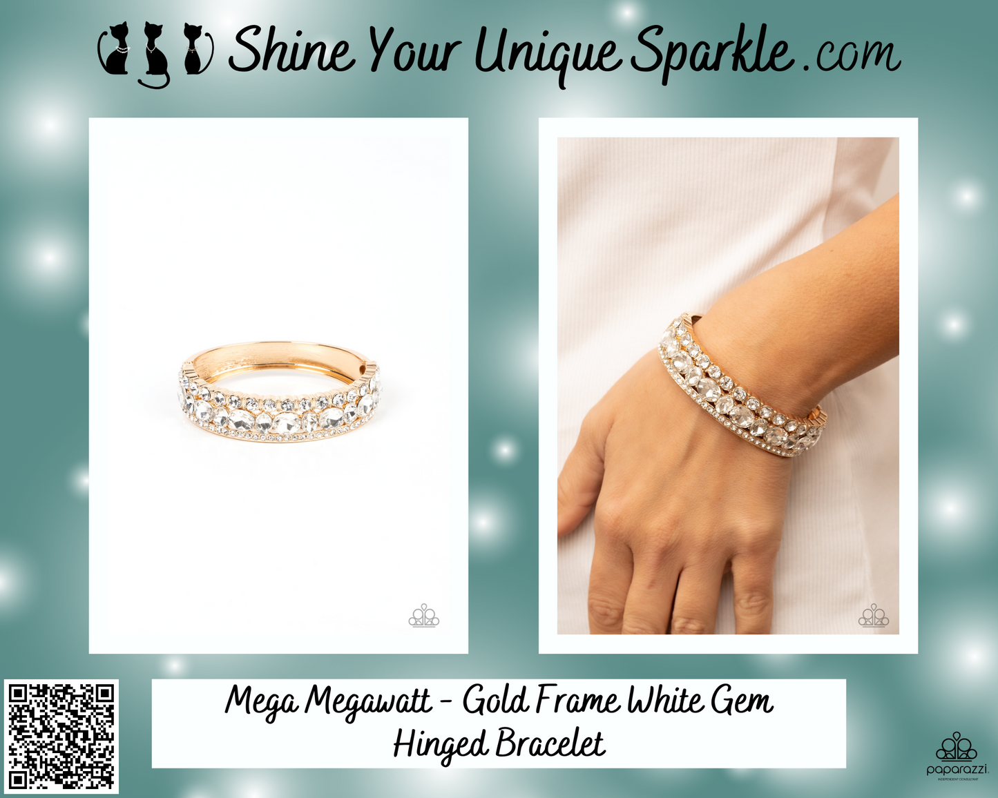 Mega Megawatt - Gold Frame White Gem Hinged Bracelet