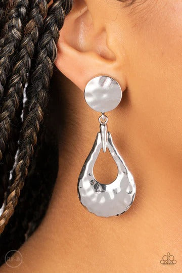 Metallic Magic - Silver Hammered Teardrop Clip-On Earrings