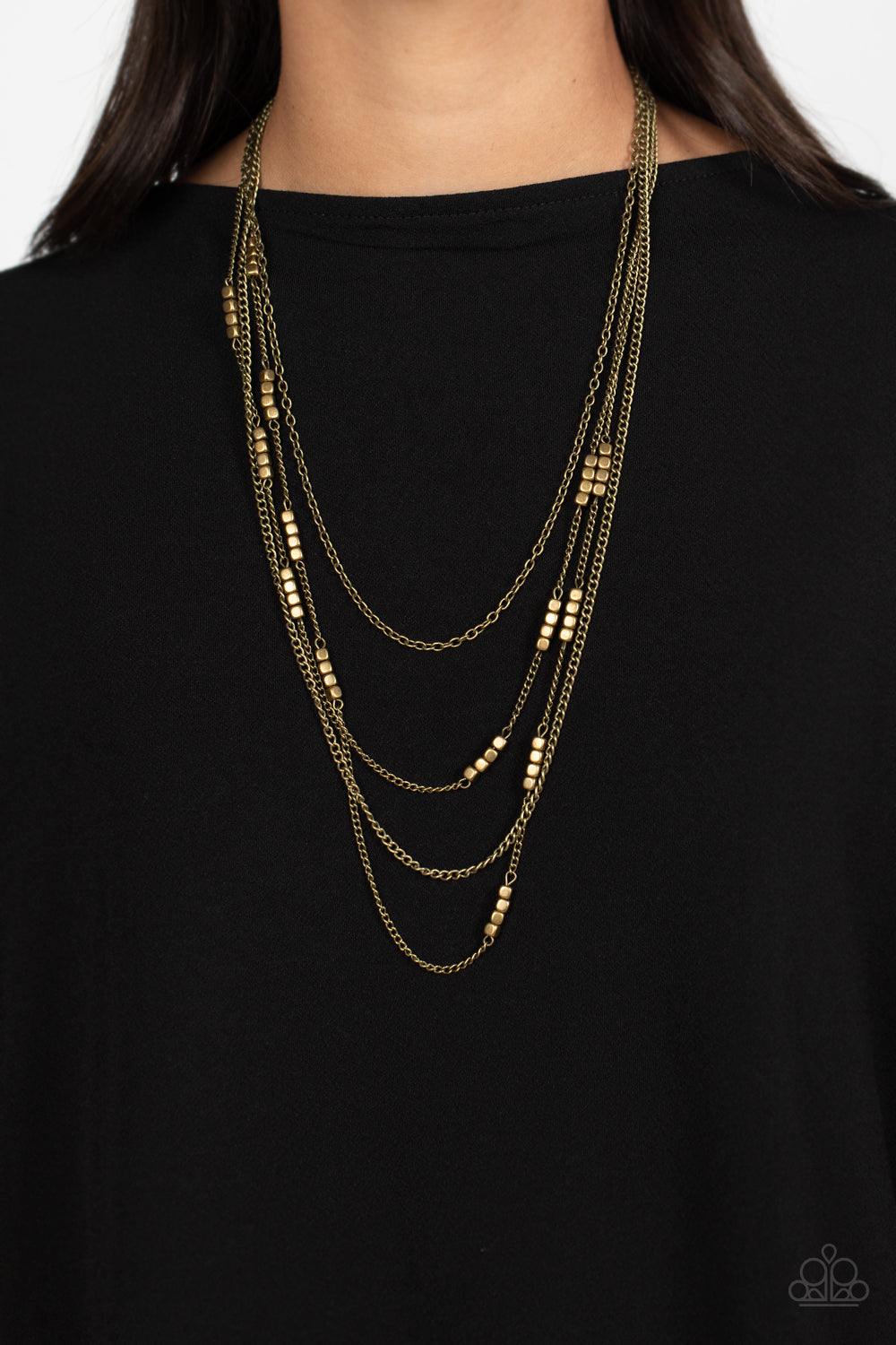 Metallic Monarch - Brass Cube Bead Layered Medium Length Necklace