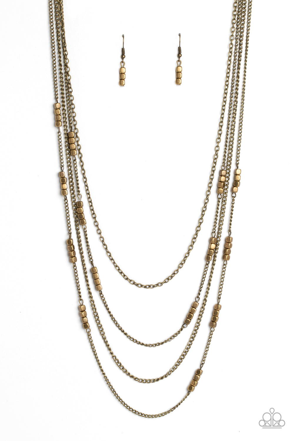 Metallic Monarch - Brass Cube Bead Layered Medium Length Necklace