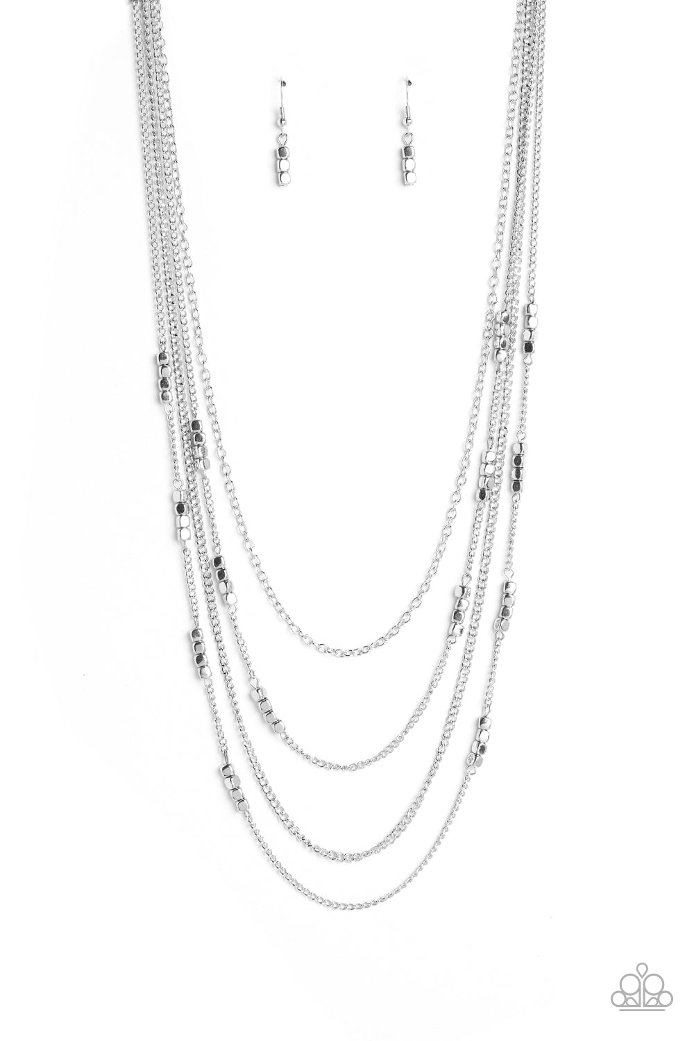 Metallic Monarch - Silver Cube Bead Layered Medium Length Necklace