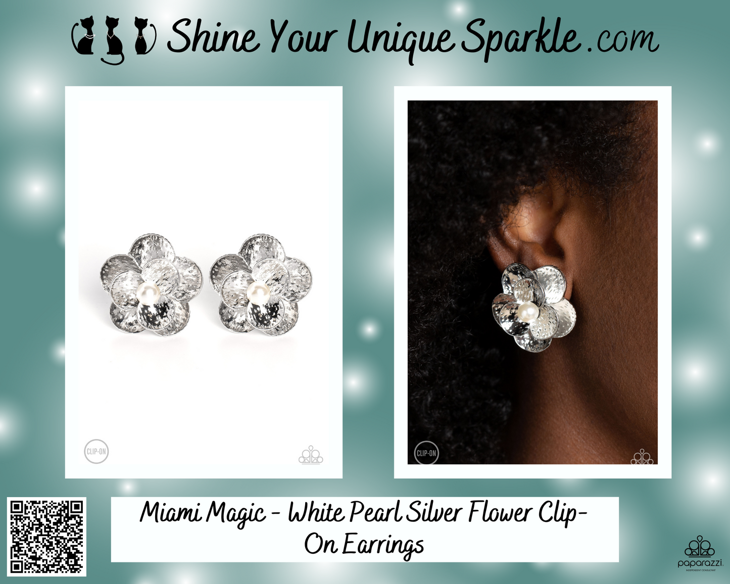 Miami Magic - White Pearl Silver Flower Clip-On Earrings