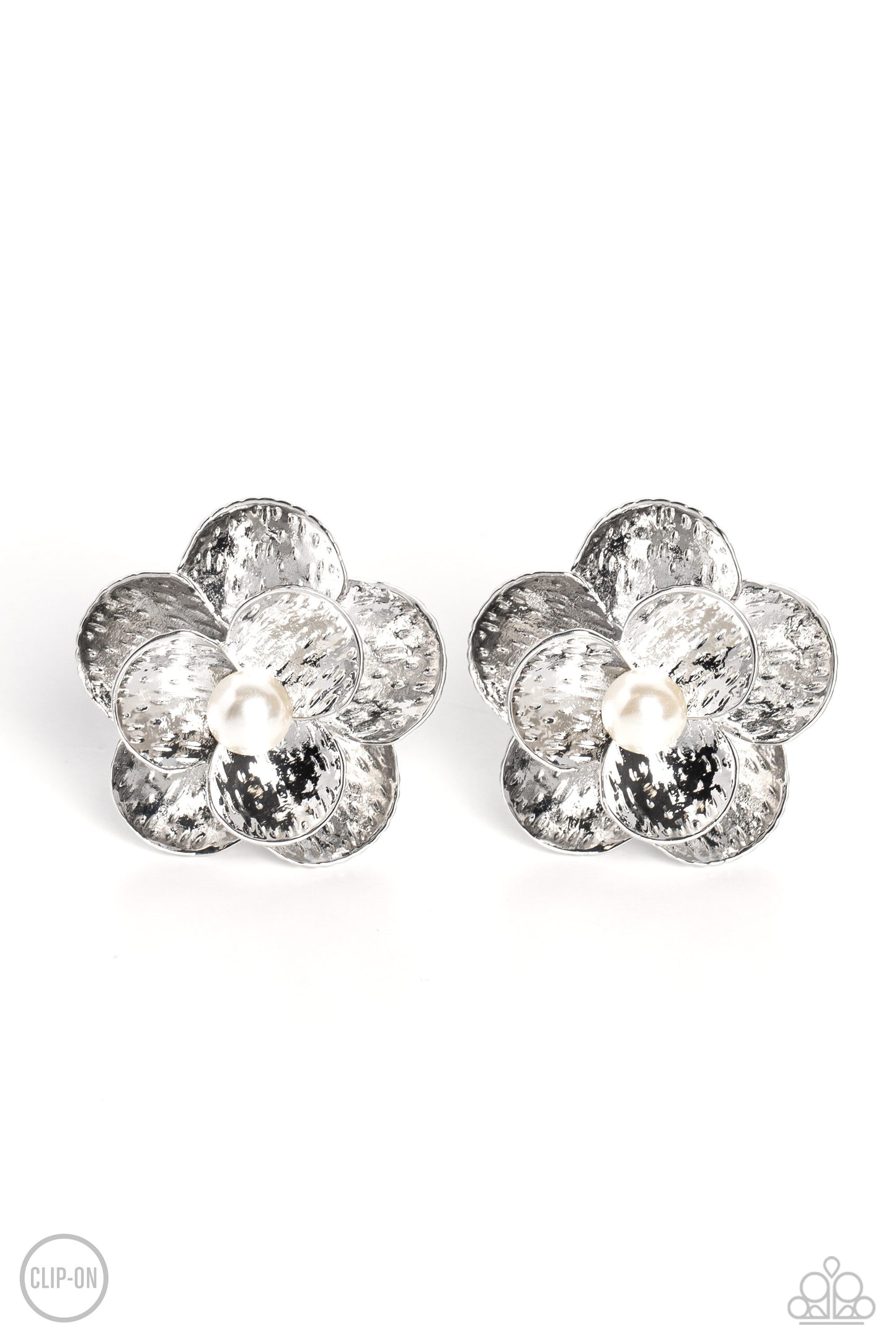 Miami Magic - White Pearl Silver Flower Clip-On Earrings