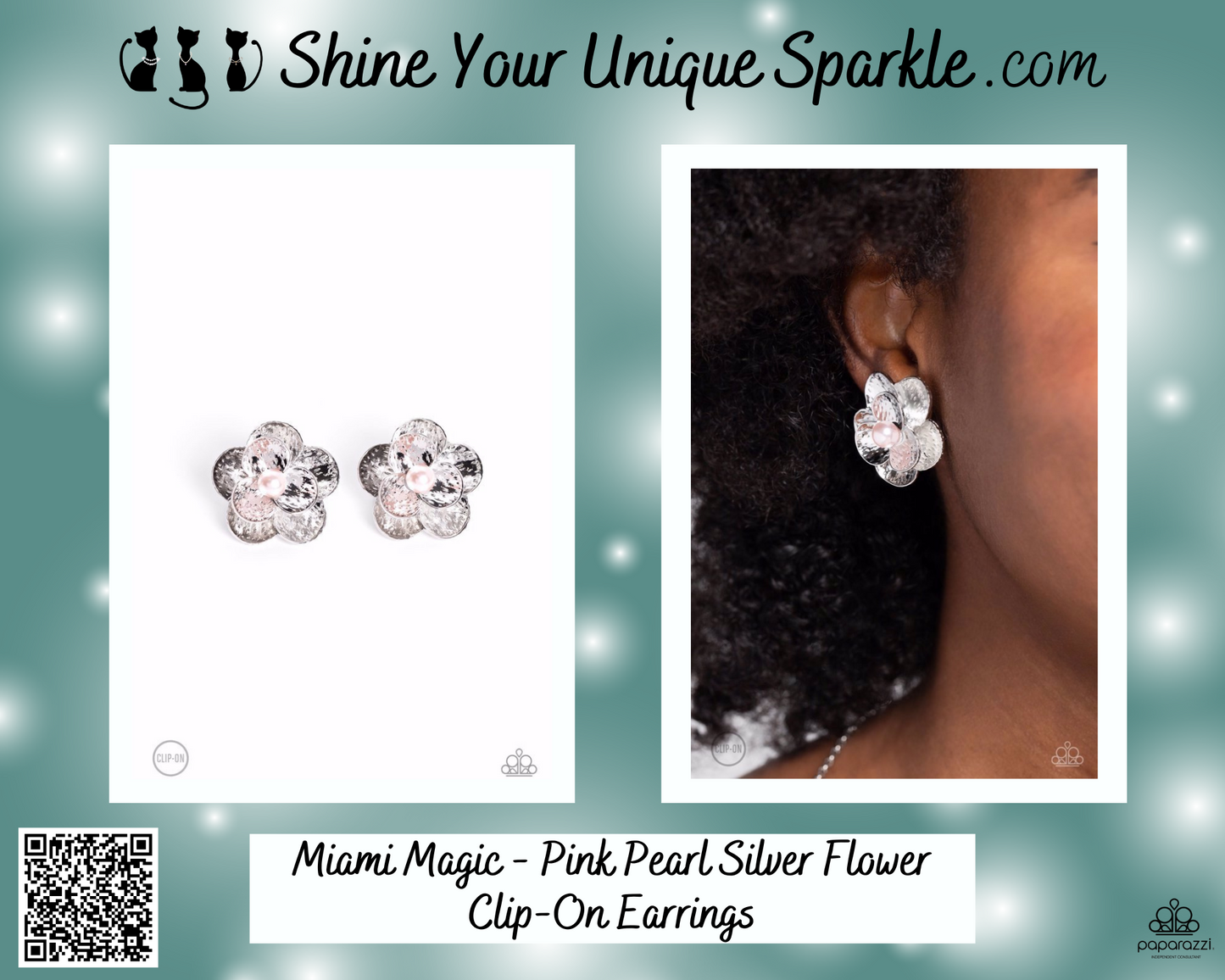 Miami Magic - Pink Pearl Silver Flower Clip-On Earrings