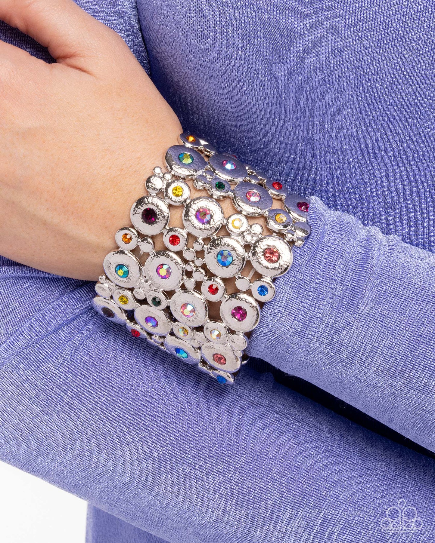 Millennial Medley - Multi Color Rhinestone Silver Stretchy Bracelet - Life of the Party