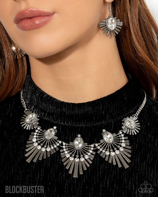 Miss YOU-niverse - Silver Gems Fringe Fanning Frames White Rhinestones Short Necklace - Blockbuster