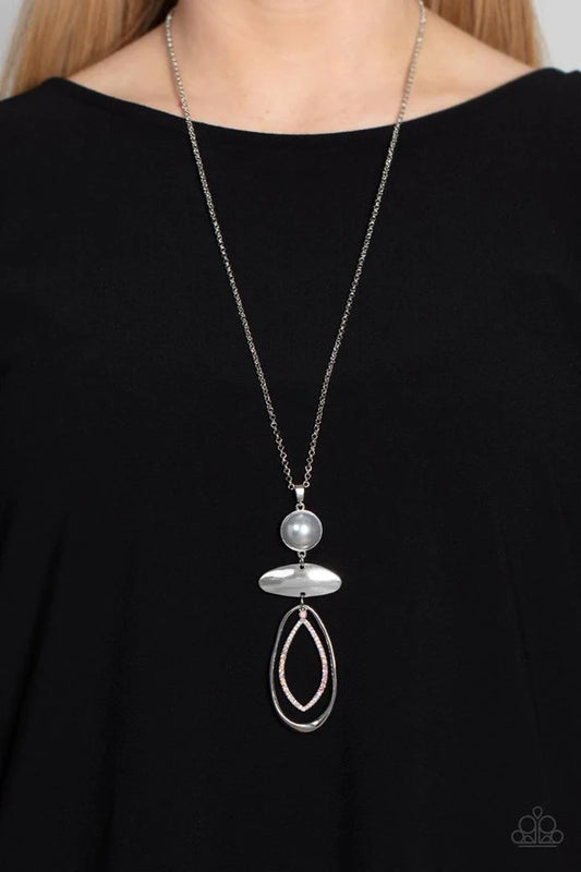 Modern Day Demure - Silver Pearl Iridescent Rhinestone Oval Medium Length Necklace