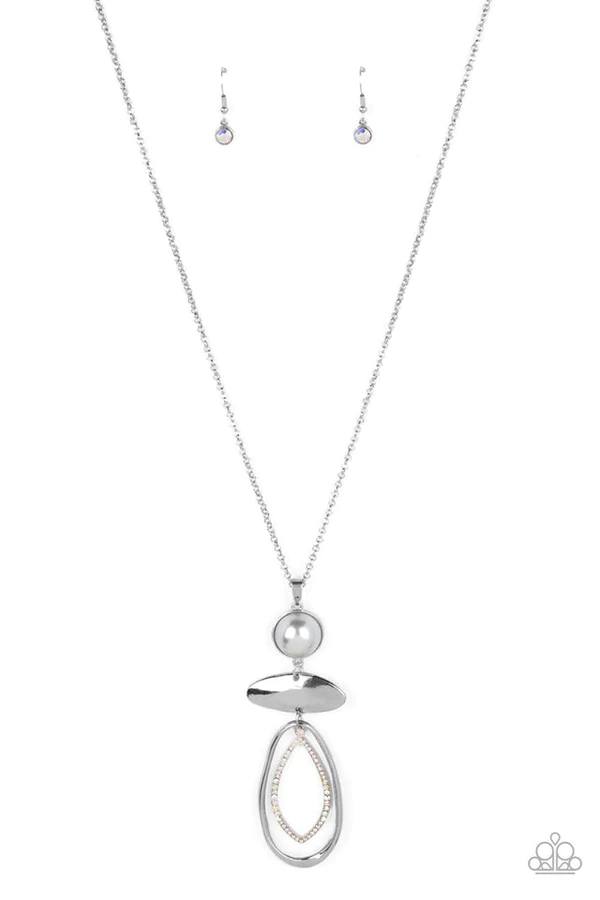 Modern Day Demure - Silver Pearl Iridescent Rhinestone Oval Medium Length Necklace