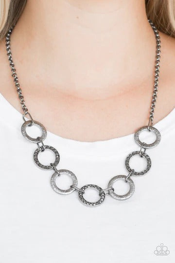 Modern Day Madonna - Black Gunmetal Hematite Rhinestone and Silver Hoop Short Necklace