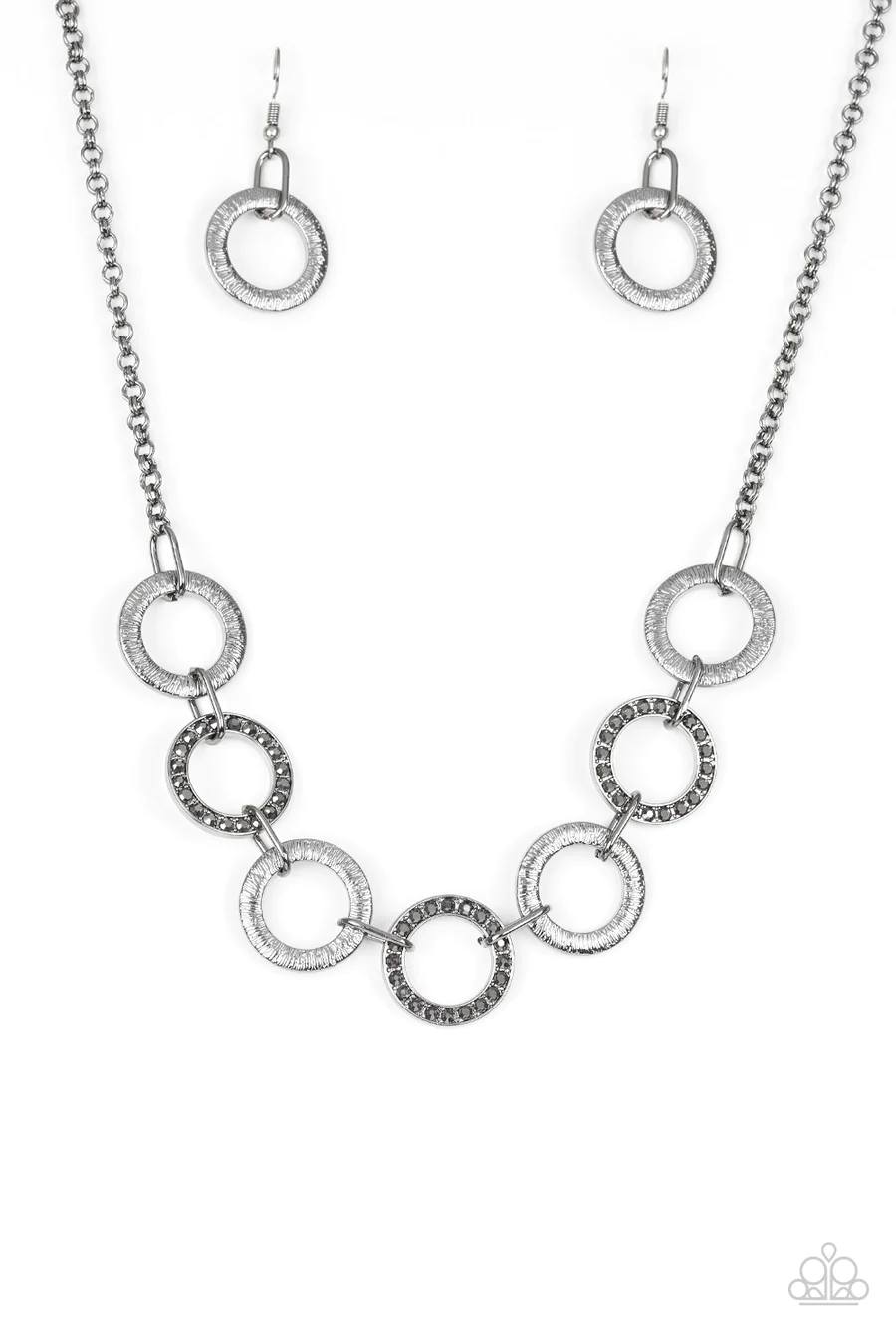 Modern Day Madonna - Black Gunmetal Hematite Rhinestone and Silver Hoop Short Necklace