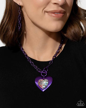 Modern Matchup - Purple Metallic Chain Heart Iridescent Gem Short Necklace - Life of the Party Exclusive