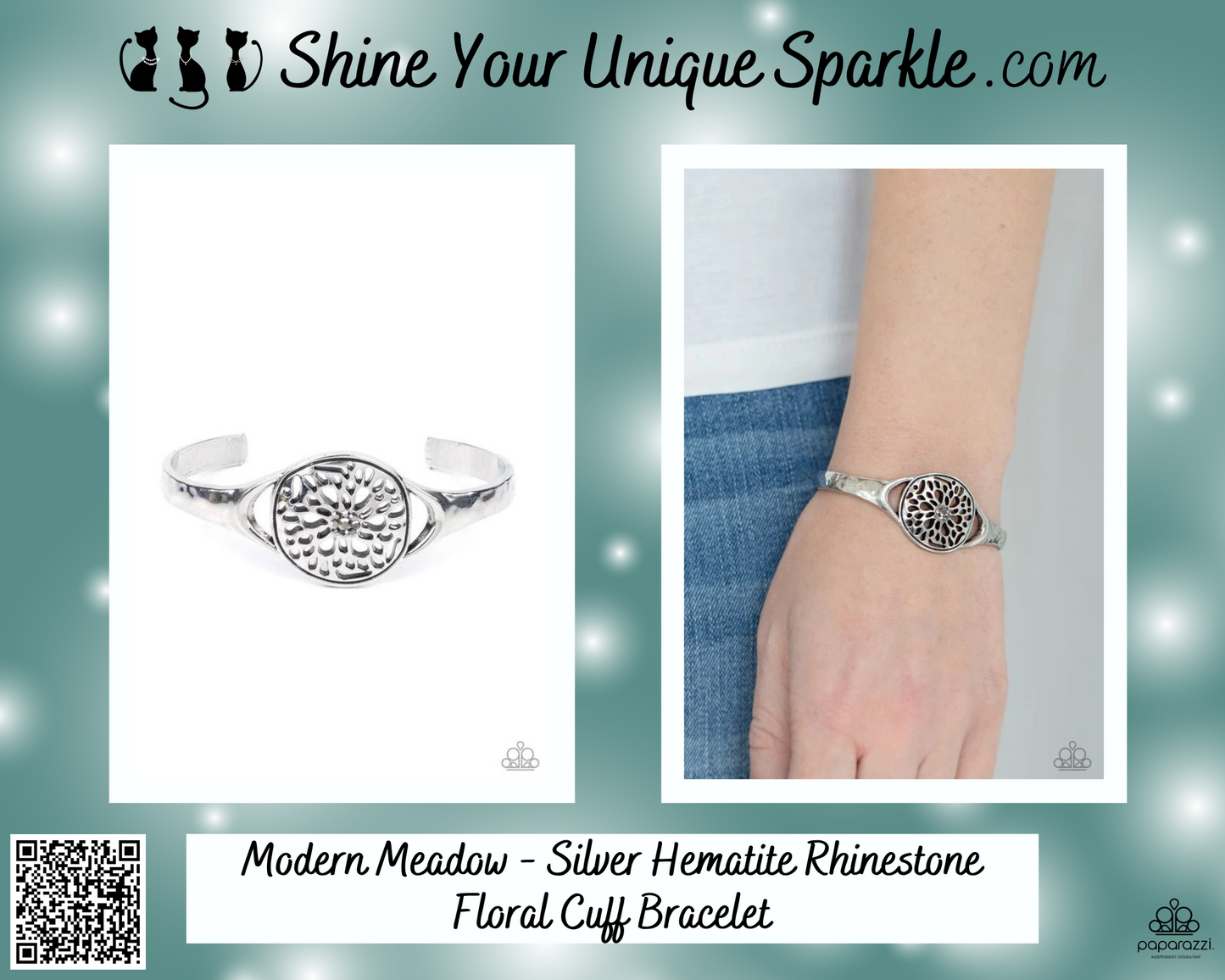 Modern Meadow - Silver Hematite Rhinestone Floral Cuff Bracelet