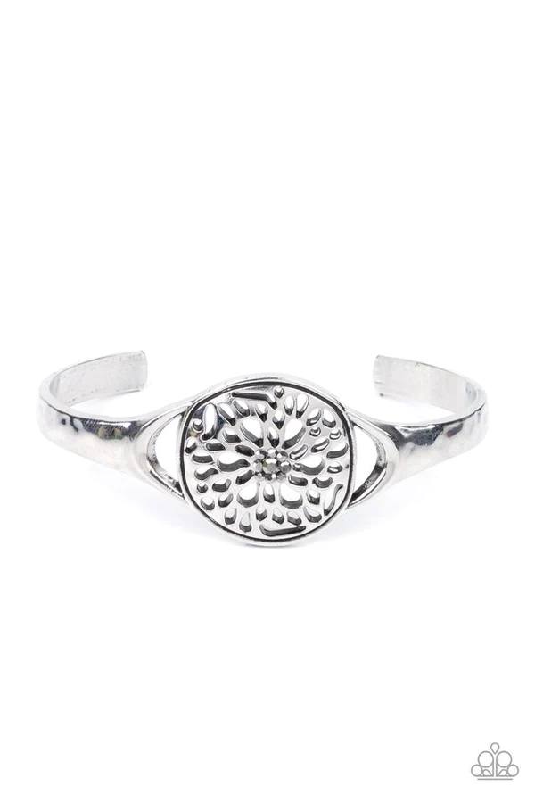 Modern Meadow - Silver Hematite Rhinestone Floral Cuff Bracelet